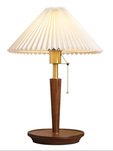 Lámpara de mesa plisada coreana Ins Diy Lámparas de escritorio de madera de nogal para sala de estar Deco Vintage al lado de la lámpara
