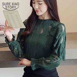 Koreaanse plus size slanke lange tops blouse herfst lantaarn mouw kant shirt solide vrouwen shirts 5678 50 210417
