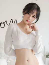 Ropa popular coreana Crop de manga corta Cropa de manga larga Suéter de mujer con topas de tejido de punto sexy nuevo en ahora en