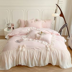 Koreaanse stijl chiffon kanten beddengoed set roze Frankrijk romantische prinses bruiloft beddengoed ruches strik zacht dekbedovertrek laken kussenslopen huishoudtextiel