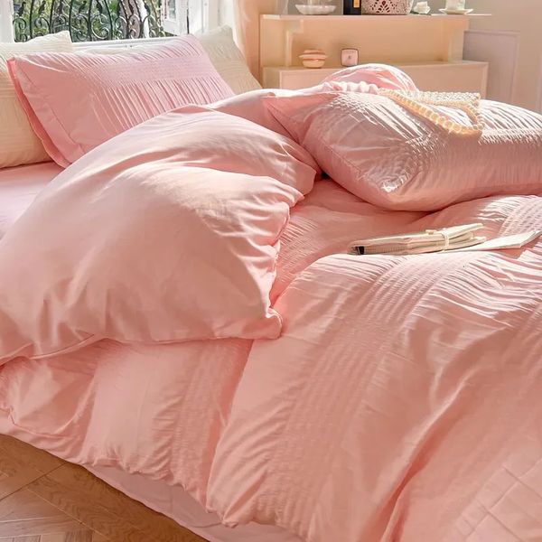 Juego de ropa de cama de la princesa coreana Cubierta nórdica Cubierta de sábanas planas de almohada de sábana de la cama Consejo de la cama del edredón suave Juego de ropa de cama 240416