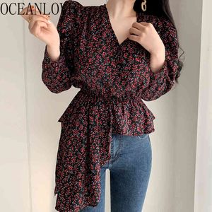 Koreaanse print Floral Vrouwen Tops en Blouses V-hals chique elegante onregelmatige shirts Bladerdeeghoesje Lente OL Blusa 15242 210415