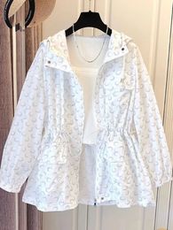 Koreaanse print mid-length Sun Protection Clothing Women Loose Wild Jacket Hooded Spring Summer Zopper Windscheiding vrouwelijke top 240428