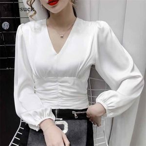 Koreaanse bladerdeeg mouw top blouses vrouwen casual elegante trui wit shirt geplooid sexy v-hals satijnen blouse blusas 11888 210512