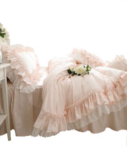 Koreaanse Puur Katoen Roze Prinses Bruiloft Beddengoed 4 stks Sets Koning Queensize Europese Dekbedovertrek Bedskirt Trooster Cover Set