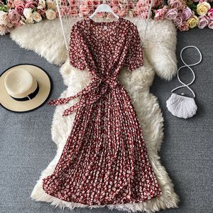Coréen rouge élégant sexy longue robe femmes col en V manches bouffantes A-ligne taille imprimé Floral Ruffles plage robe plissée vestidos 210420