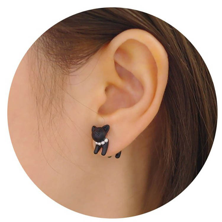 Korean Retro Black Piercing Three-dimensional Double-sided Rear-hanging Pearl Cute Kitten Earrings for Women Earrings