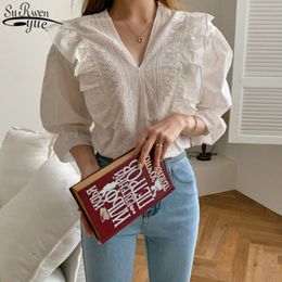 Koreaanse retro elegante blouses korte mouw vrouwen shirts wit shirt voor vrouwen katoen uitgeholde prachtige 13500 210427