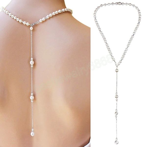 Romance coréenne Imitation perle clavicule chaîne collier chaîne arrière pour les femmes Sexy Long gland pendentif corps chaîne accessoire de mariage