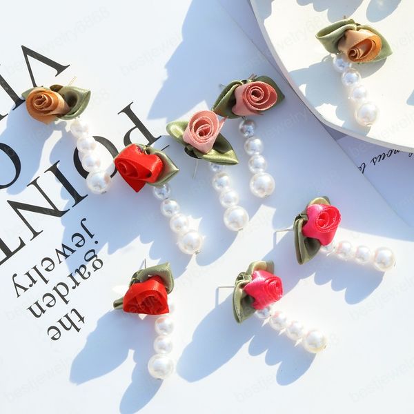 Coréen Rose Flower Tissu Boucle d'oreille Perl Simulée Perl Tassel Long Boucles d'oreilles Drop Drop pour Femmes Mode Bijoux