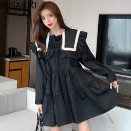 Coréen Ruffle Hit Couleur Sailor Collier Robes Sweet A-Line Mini Robes Printemps Manches longues Femmes Robe 6F323 210603