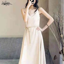 Koreaanse satijn jurk voor vrouwen mouwloze sexy partij midi es plus size massief o nek wit lange sukienki 14496 210508