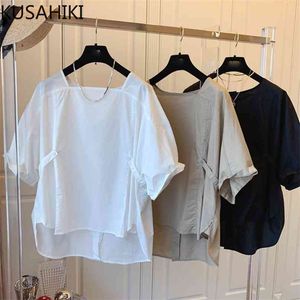 Koreaanse kant veter opknop shirt puff hoes vierkante kraag vrouwen blouse zomer causale solide blusas de mujer 6J441 210603