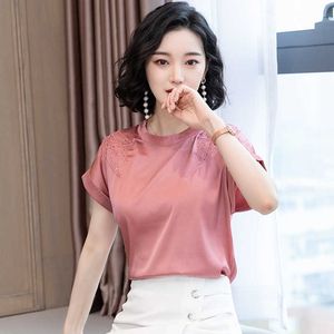 Blouses De Soie Coréenne Femmes D'été Femme Chemise En Satin Broderie Imprimer Tops Plus La Taille Blusas Mujer De Moda 210531