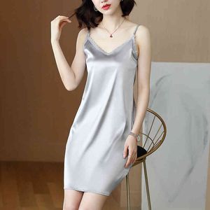Koreaanse zijde jurk vrouwen satijn es mouwloze kant sexy plus size vrouw hoge taille v-hals riem es xxxl 210427