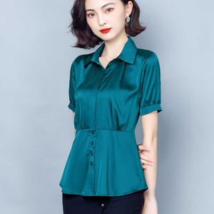 Camisa de seda coreana Mujer Verano Mujer Blusas de satén sólido Tops Blusa de manga corta Top Plus Tamaño Blusas Femininas Elegante 210531