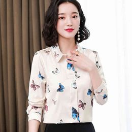 Koreaanse zijde shirts vrouwen lange mouwen vrouw satijnen print borden tops plus size camisas de mujer elegantes dames 210427