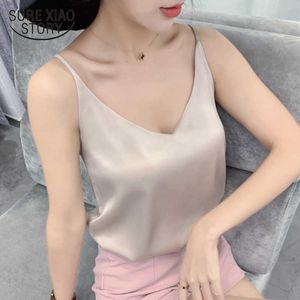 Top de seda coreana con cuello en V Camisetas sin mangas Mujer Sin mangas Camisetas negras Cami Sexy Halter Top Tallas grandes Mujeres elegantes Tops de satén blanco 13694 210528