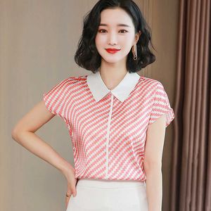Koreaanse zijde vrouwen blouses shirt vrouw plaid lady satin tops plus size print blusas mujer de moda 210531