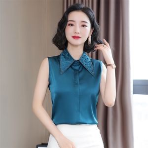 Koreaanse zijde vrouwen blouses shirts vrouw satijnen tops dames solid klinknagel plus size mouwloos 210531