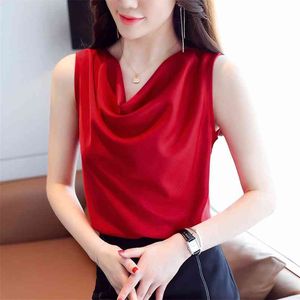 Coréen Silk Femmes Blouses Tops Satin Shirt Femme Sans Manches V Le cou V Plus Taille Blusas Mujer de Moda 210531
