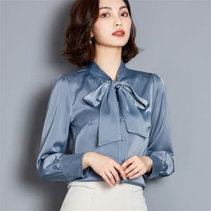 Coréen soie femmes Blouses femmes Satin Blouse chemises grande taille bureau dame solide à manches longues chemise hauts Blusas Mujer De Moda XXXL 201202