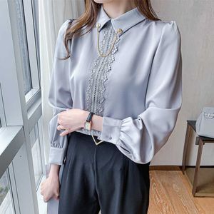 Koreaanse zijde vrouwen shirts blouses lange mouwen tops vrouw borduurwerk kant blouse plus size bloemen shirt 210604