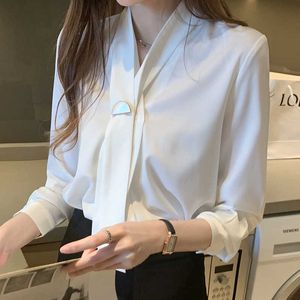 Coréen soie femmes chemises à manches longues femme Satin Blouse hauts grande taille bureau dame blanc Blusas Mujer De Moda 210531