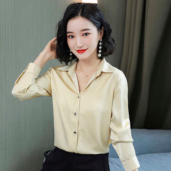 Coréen Soie Femmes Chemises À Manches Longues Femme Satin Blouses Tops Bureau Lady Blanc Chemise Top Plus Taille XL 210531
