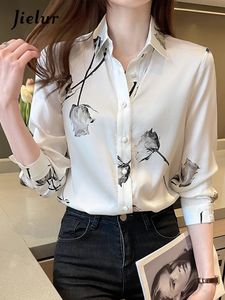 Camisas de Women Korean Silk Woman Woman Satin Floral Camisa Oficina de la Oficina Estampado Tops SXXL BLUSA 240407