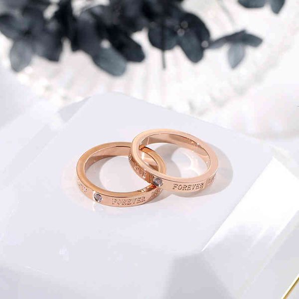 Anillo de acero de titanio y oro rosa para mujer, moda sencilla coreana, sin decoloración, amor para siempre, letra inglesa