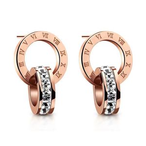 Pendientes de letreros de diseñador de roma simple coreano 18 km de oro rosa acero inoxidable anillos de orejas vintage aretes con joyas de circón de cristal brillante