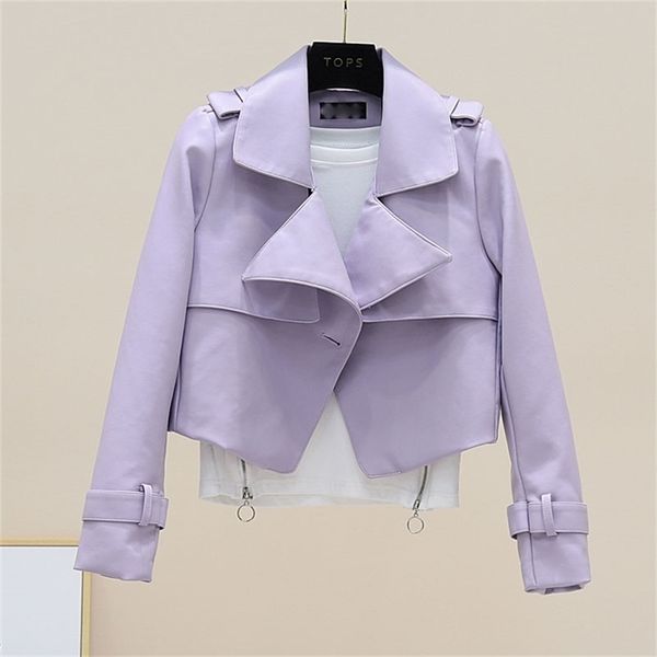 Coréen SingleButton Slim Soft Faux PU Veste en cuir Femmes Violet Manteau court Printemps à manches longues Street Biker Veste Femme 220815