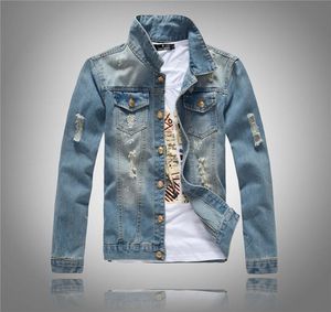 Korean Slim Fit Jackets Heren Denim Kleding Uitwarden Gaten gescheurd Coats Biker Motorfiets Windschepen 2023 Lichtblauw4344172