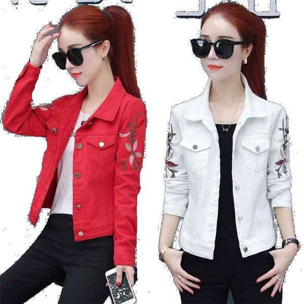 Chaqueta de mezclilla roja blanca delgada coreana para mujer abrigo de manga larga bordado para mujer chaquetas vaqueras recortadas de primavera de talla grande Manteau Femme 210914