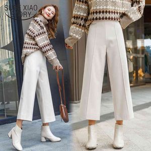 Pantalones capri de pierna ancha de lana ajustados coreanos para otoño e invierno, pantalones informales negros rectos sueltos de cintura alta para mujer 11586 210415
