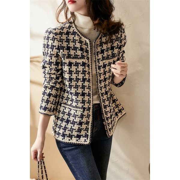 Coréen petite veste de parfum femmes courtes hiver et printemps dames françaises allmatch pied-de-poule tissé tweed manteau vestes 220811