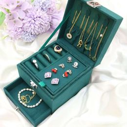 Coréen petit anneau boucle d'oreille vert foncé trois couches multi-usages boîte à bijoux collier stockage