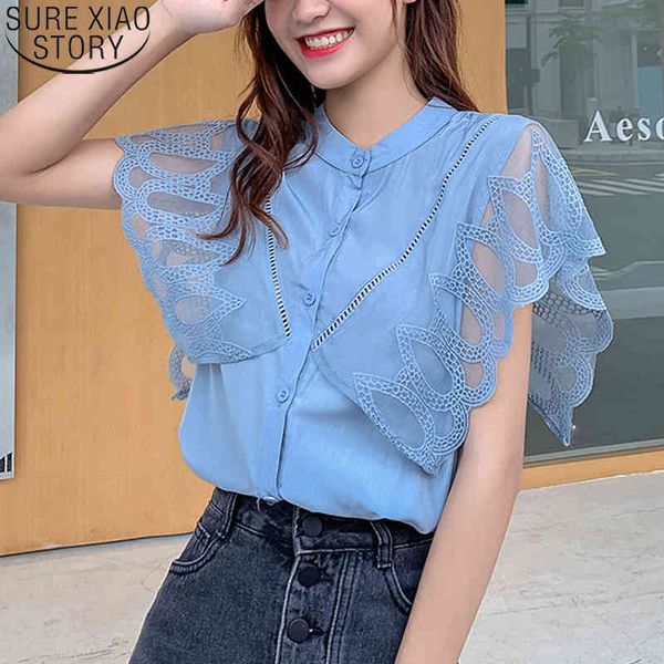 Camisas coreanas de encaje sólido, blusas blancas y azules de manga corta, blusas de talla grande para mujer, camisa cárdigan de moda de verano 10222 210417
