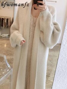 Cárdigan de Cachemira largo liso coreano para mujer, suéter de manga esponjosa dulce, ropa de punto por debajo de la rodilla holgada y cálida para invierno 240106