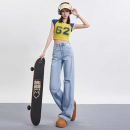 Ropa personalizada coreana picante para chica, vaqueros de pierna recta con piernas anchas y cintura alta, pantalones holgados drapeados y perforados, novedad de 2024