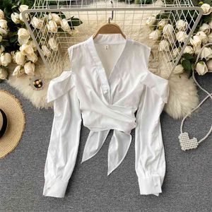 Coreano Primavera Moda Donna Top corto Camicia a maniche lunghe con lacci a farfalla Bianco Nero Camisas Mujer Camicetta R170 210527