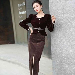 Koreaanse lente vintage office ol fluwelen mode 2 stuk sets vrouwen elegante vierkante kraag slank shirt + bodycon potlood rokken pak 210519
