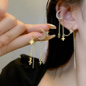 Koreaanse Ster Maan Kwastje 14k Geel Gouden Oorbellen Vrouwelijke Stijl Een Stuk Oorbeen Clip Party Sieraden Accessoires