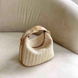 Bolso de paja coreano para mujer bolsos de hombro pequeños bolsos de playa tejidos bohemios bolsos de mensajero femeninos de verano Totes casuales Beige G220422