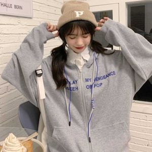 Koreaanse streetwear brief zip grijze hoodies vrouwen kpop casual oversize trekkoord sweatshirt harajuku hippie trainingspak