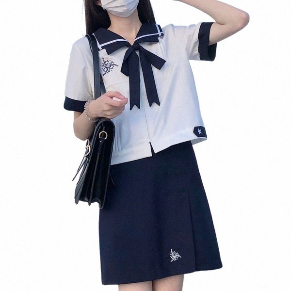 Étudiant coréen JK Uniforme scolaire Été Kawaii Uniforme Ensemble Fille japonaise Costume de marin Sac Jupe de hanche Haut à manches courtes avec cravate I2vd #