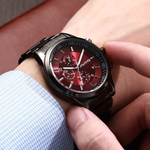 Reloj negro ultrafino de estudiante coreano para hombre, banda de acero dorada y negra, luminoso, resistente al agua, con tres ojos de imitación de seis pines, color negro