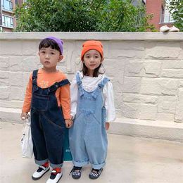 Koreaanse stijl herfst jongens meisjes oversized denim overalls kinderen erg losse patchwork slab jeans 1-6y 210708