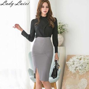 Koreaanse stijl herfst effen shirt Hoge taille onregelmatige schede bodycon potlood rok 2 stuks zakelijke pakken set 210529